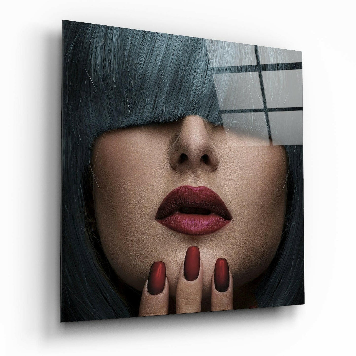 Blue Bangs Red Lips Fashion Glass Wall Art