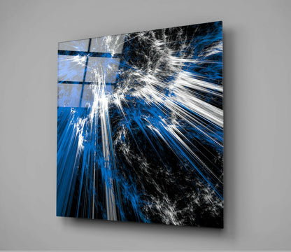 Blue White Shattered Fractal Burst Glass Wall Art