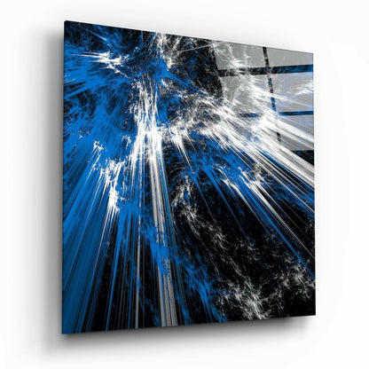 Blue White Shattered Fractal Burst Glass Wall Art