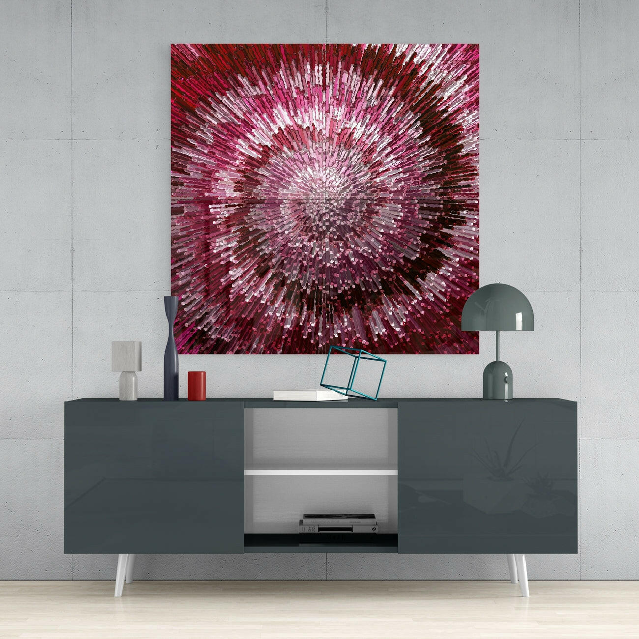Crimson Radial Burst Explosion Glass Wall Art