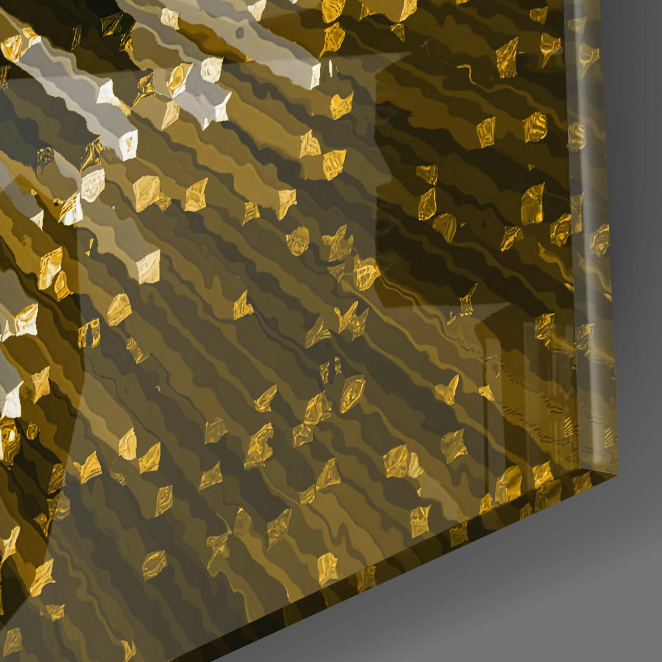 Close-up detail of golden and white glass pieces cascading diagonally across layered amber and dark backgrounds.
