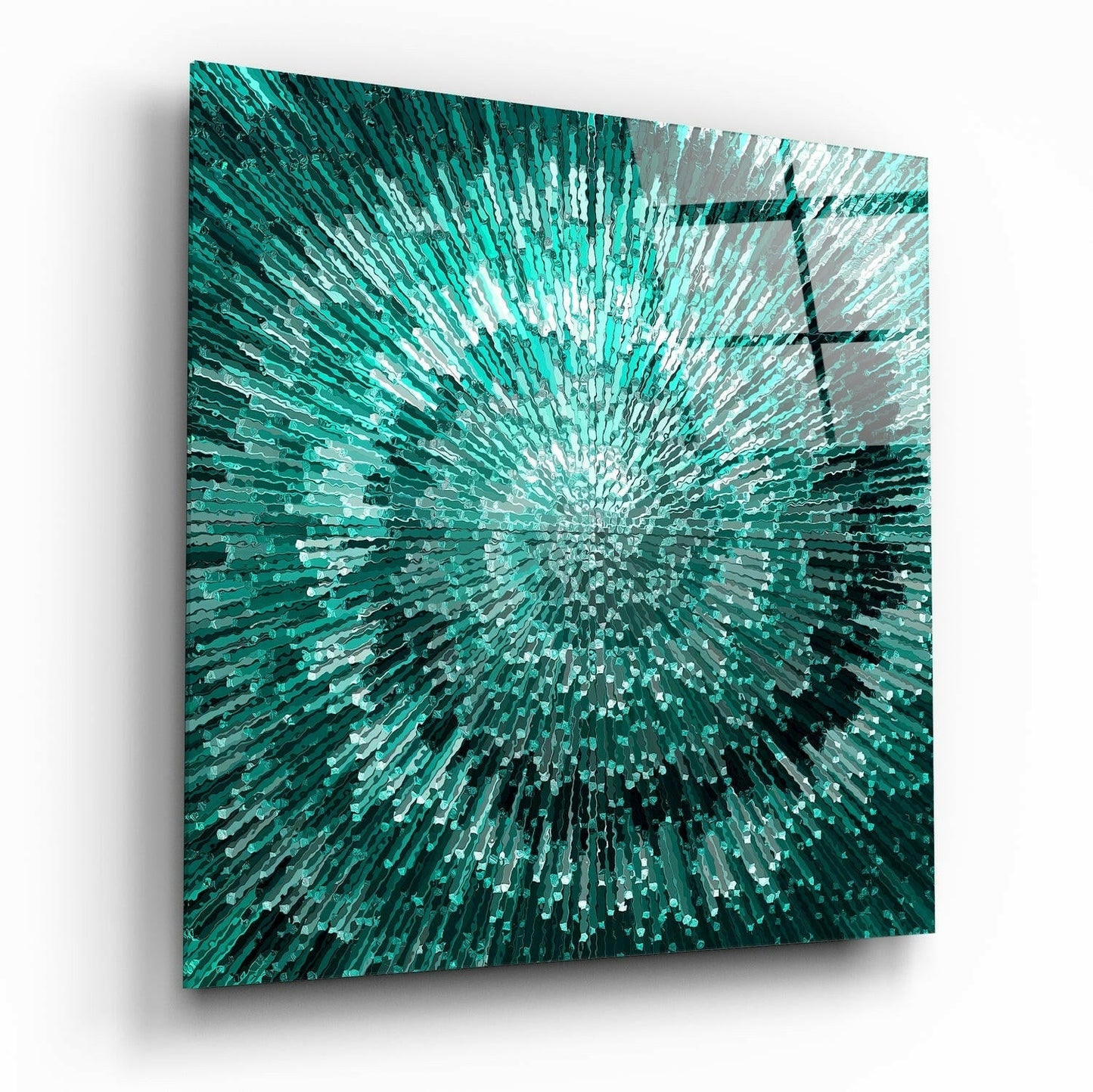 Square glass wall art with radiating turquoise, teal, and white rectangular pieces extending from center point.