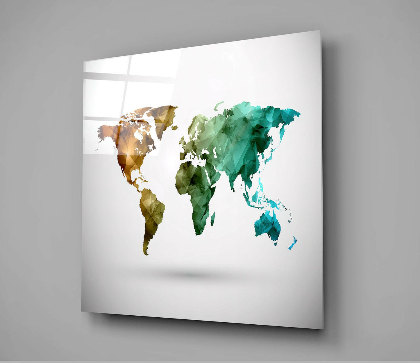 Low Poly Geometric World Map Glass Wall Art