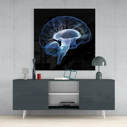 Blue Wireframe Brain Side View Glass Wall Art