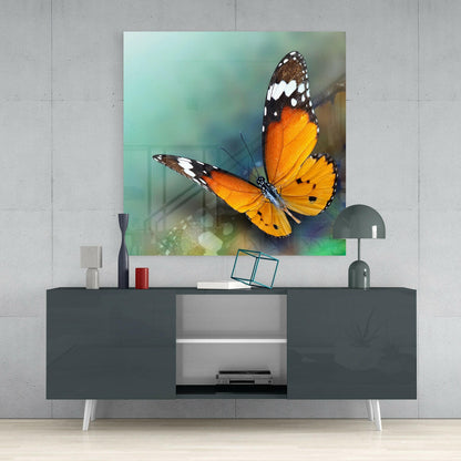 Orange Butterfly on Teal Glass Wall Art