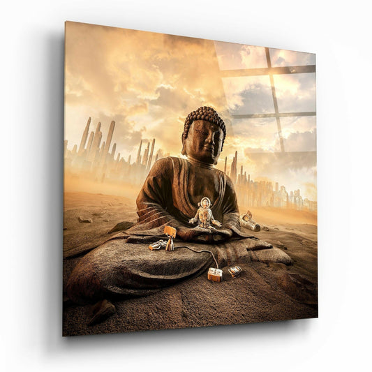 Large glass wall art panel displaying a bronze Buddha statue in desert landscape with golden sky and futuristic cityscape background.