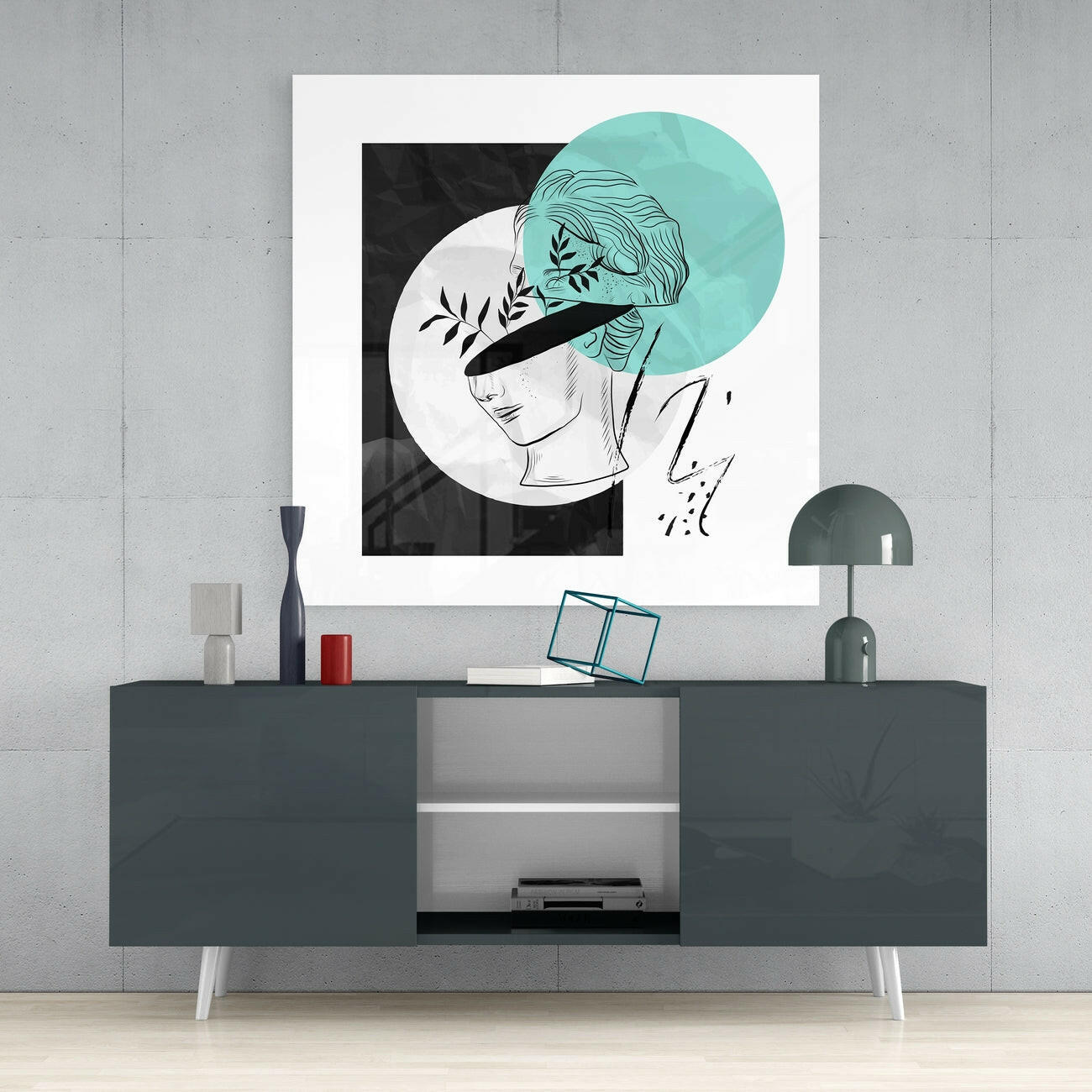 Turquoise Moon Leafy Blindfold Bust Glass Wall Art