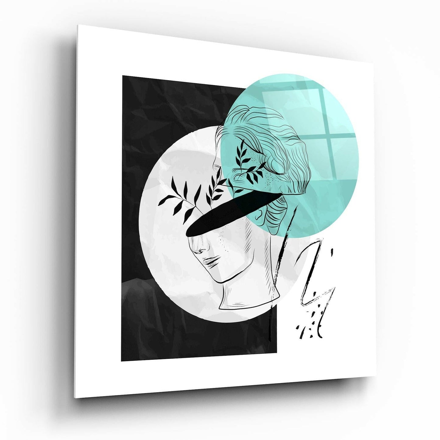 Turquoise Moon Leafy Blindfold Bust Glass Wall Art