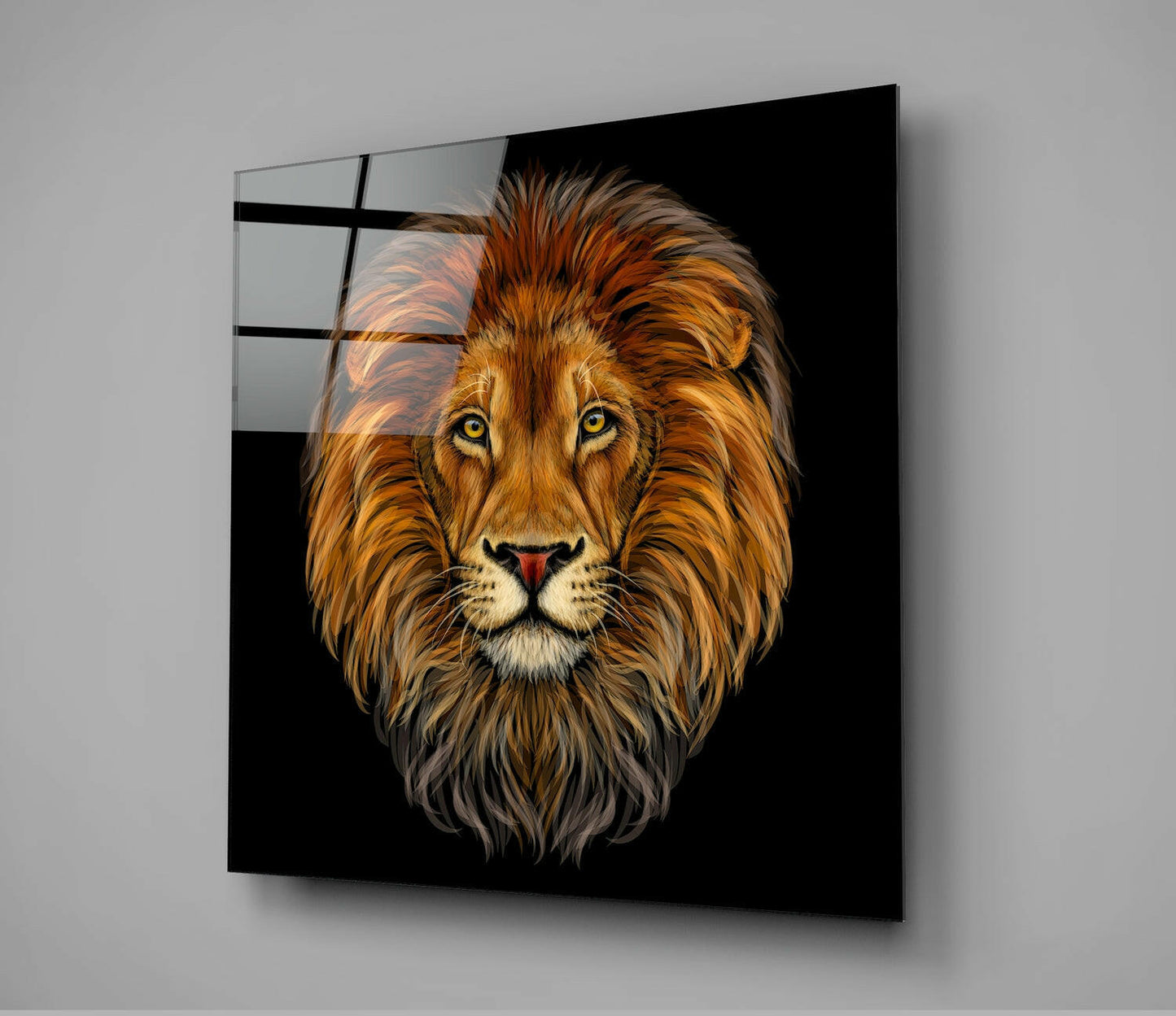 Golden Brown Lion Head Glass Wall Art
