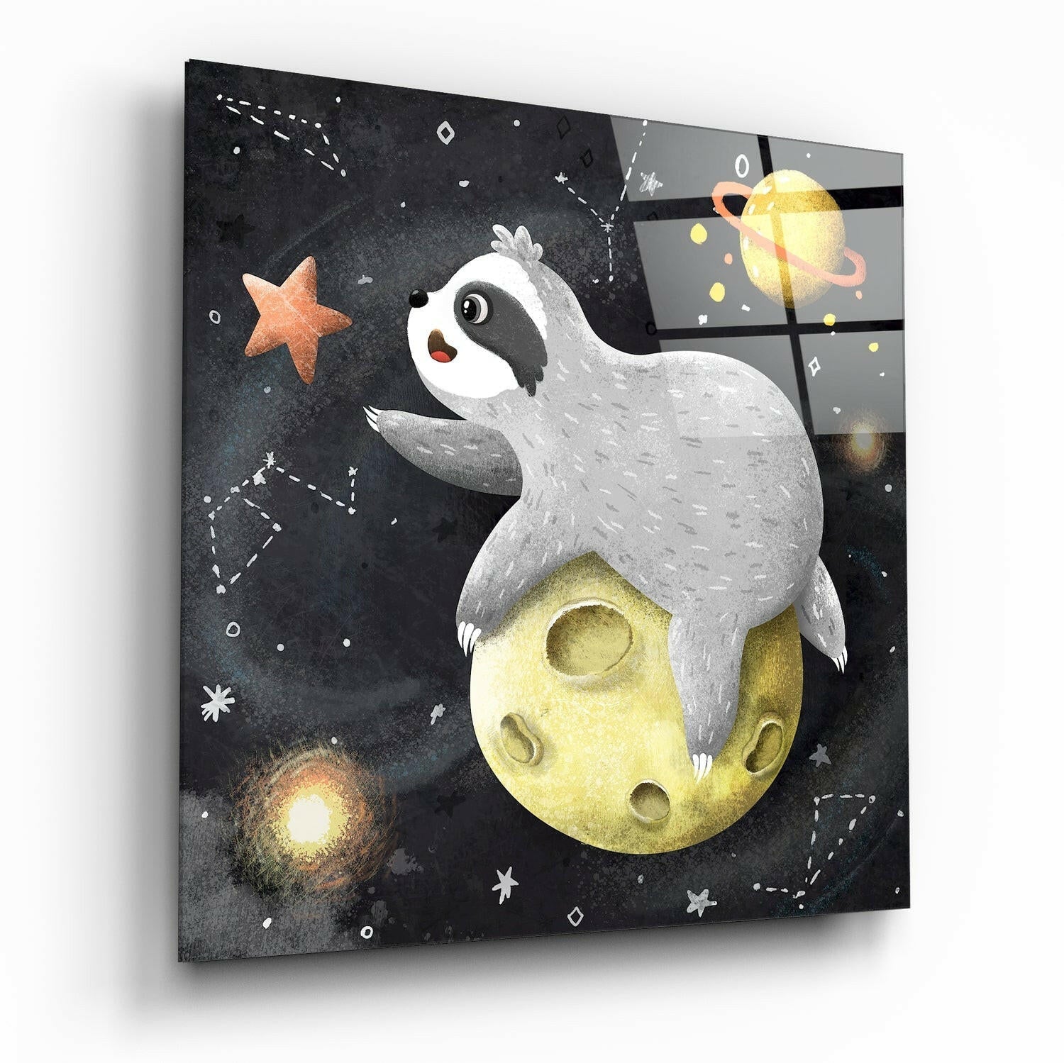 A three-dimensional perspective view of a glass wall art panel displaying a white sloth resting on a yellow moon against a dark starry background with planets and constellations.