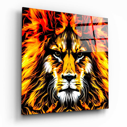 Angled perspective of a glass wall art panel displaying a lion's face with vibrant orange and yellow flame-effect mane against black background.