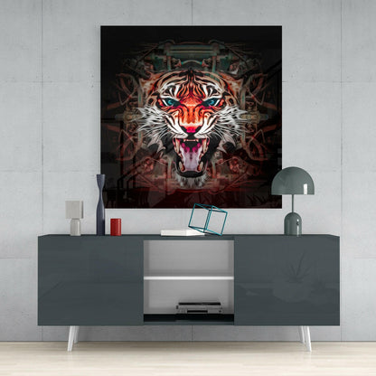 Modern living room interior with dark gray media console displaying vibrant tiger face glass wall art above, flanked by decorative accessories and lamp.