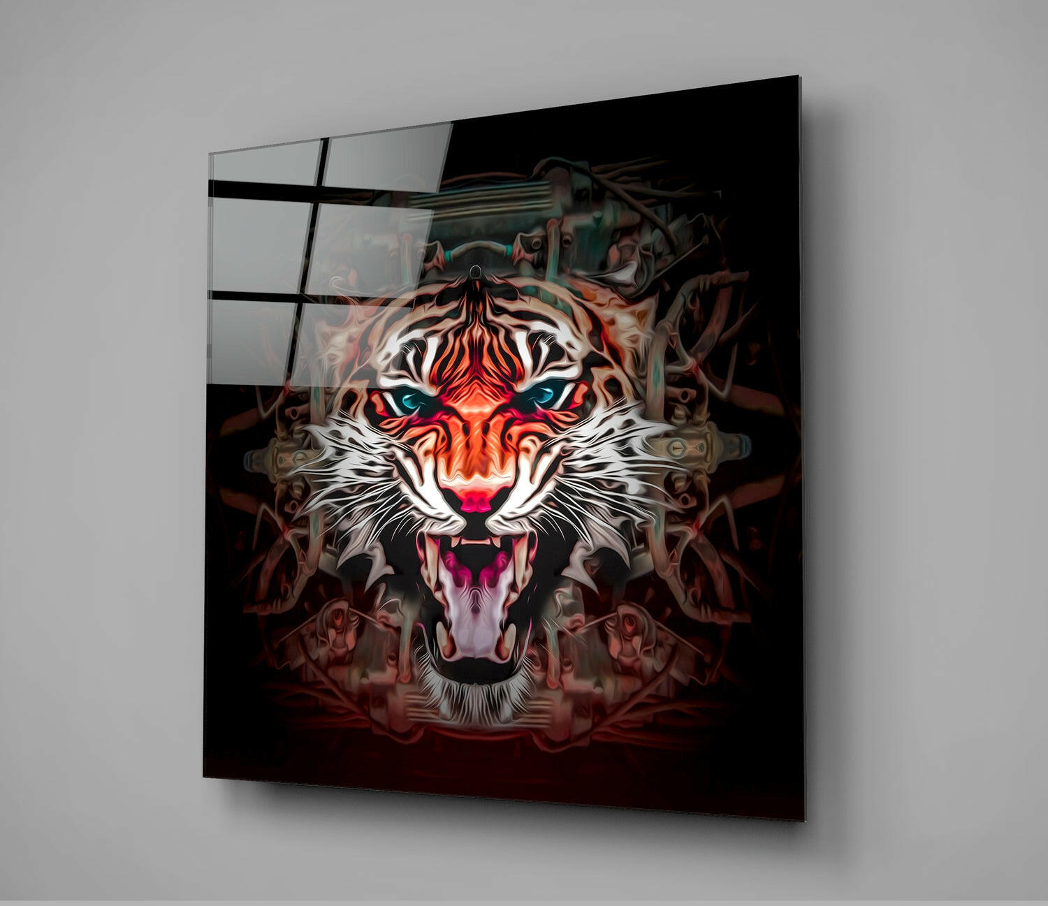 Square glass wall art mounted at angle displaying glowing neon tiger head with red, orange, and blue tones against black background.