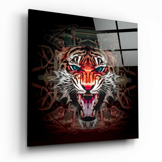 Angled perspective of glass wall art featuring a neon-glowing tiger face with bright blue eyes and red markings against a dark background.