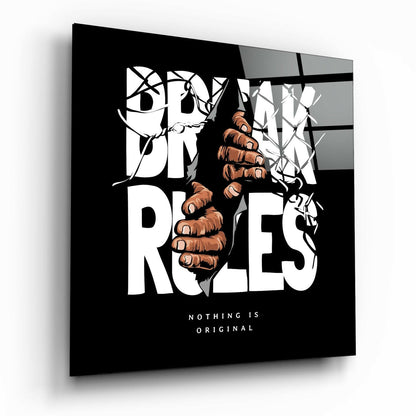Rule Breaker glass wall art displayed at an angle, showing a fist breaking through vines with black background and white typography reading "Nothing is Original.