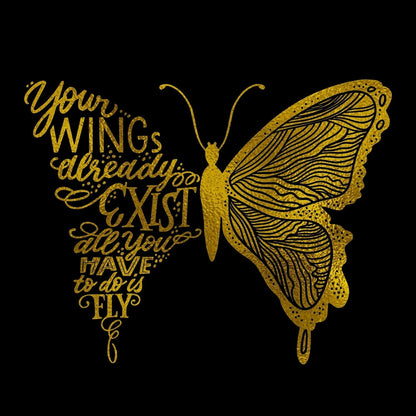 Gold butterfly illustration with black wing details and inspirational quote text on black background.