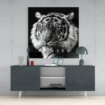 Black and white tiger portrait artwork displayed above a dark gray media console with white legs in a minimalist interior setting.