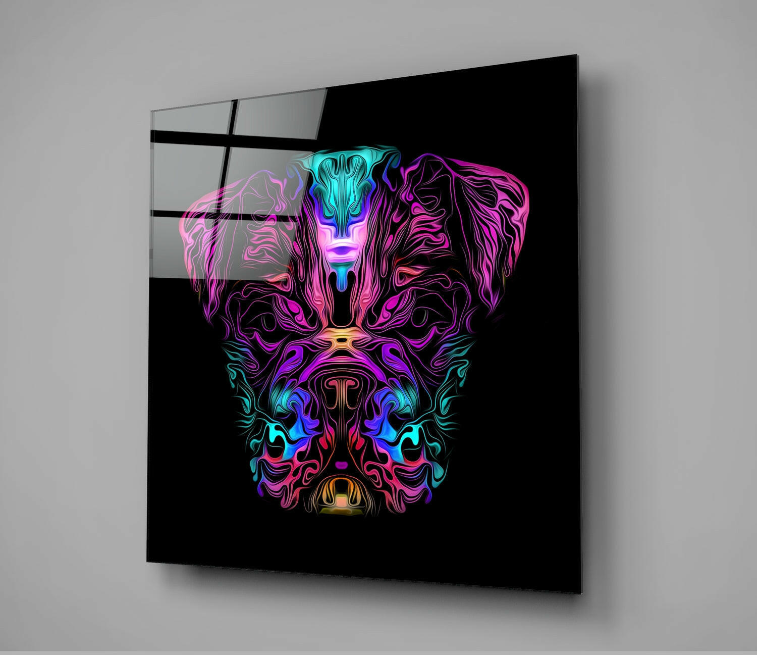 Neon glowing dog face glass wall art mounted on gray wall, displaying vibrant cyan, magenta, and purple colors on black background.