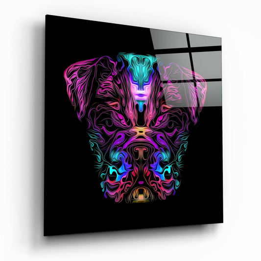 Neon glowing dog head artwork on black glass with magenta, cyan, and purple colors, angled perspective view.