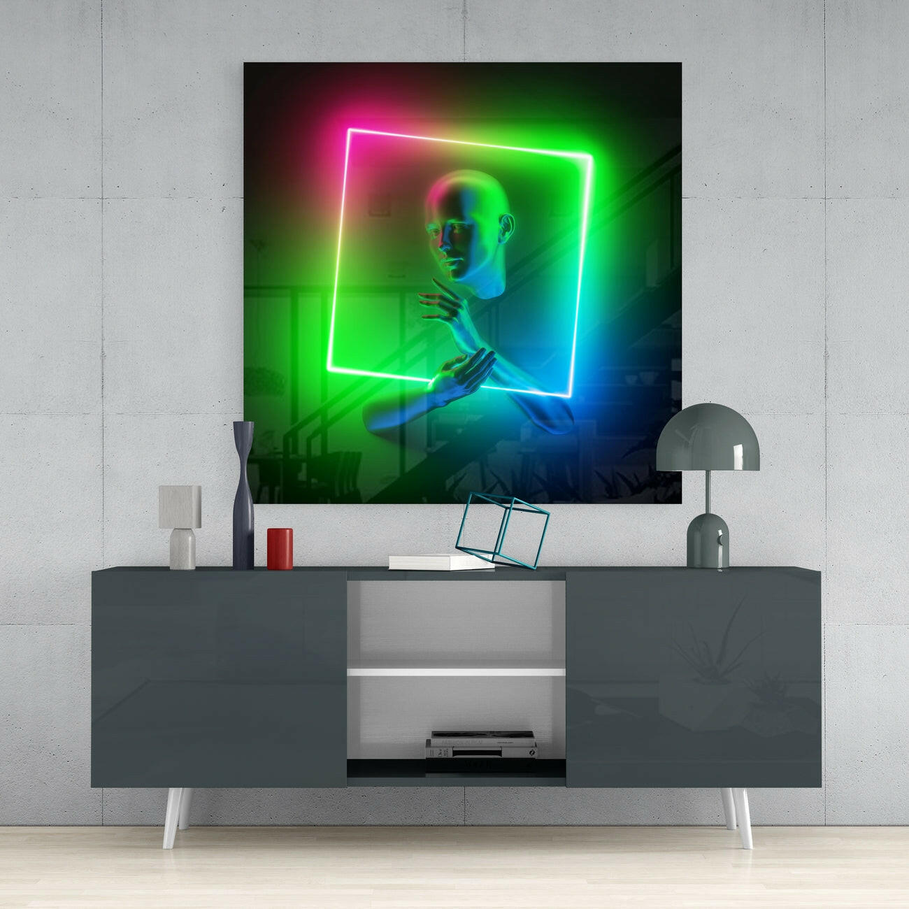 Green Pink Neon Square Frame Figure Glass Wall Art