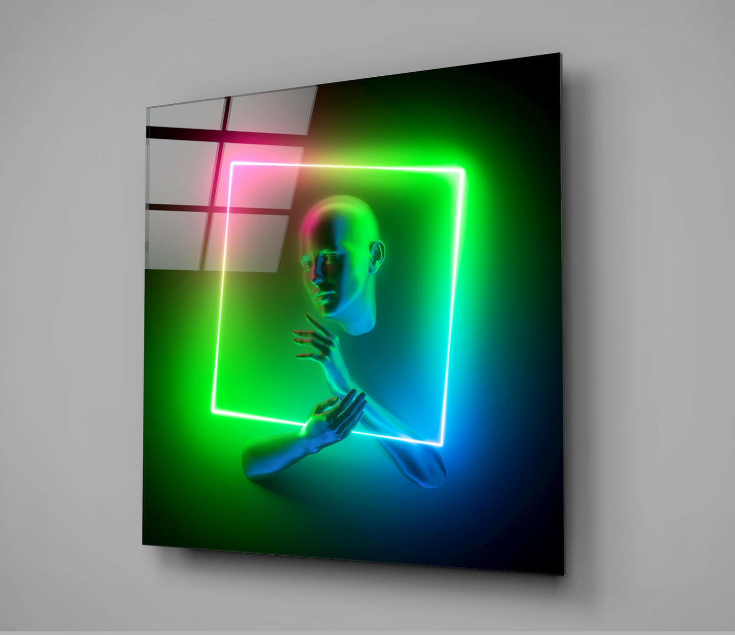 Green Pink Neon Square Frame Figure Glass Wall Art