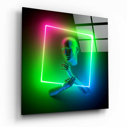 Green Pink Neon Square Frame Figure Glass Wall Art