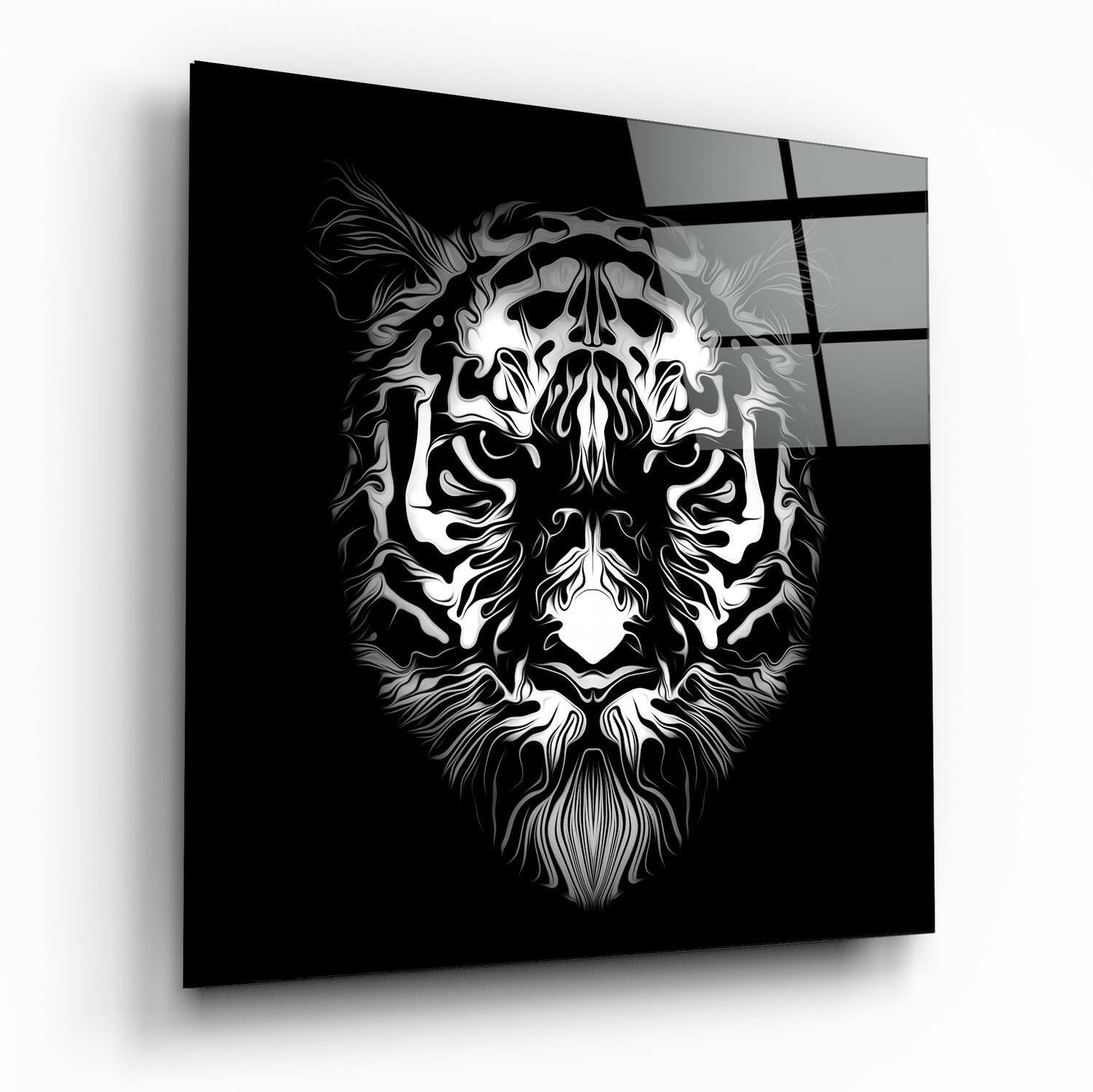 Angled perspective of black glass wall art featuring an intricate white line-drawn bearded face with ornate details against dark background.