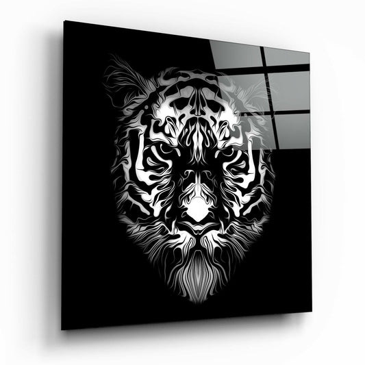 Angled perspective of black glass wall art featuring an intricate white line-drawn bearded face with ornate details against dark background.