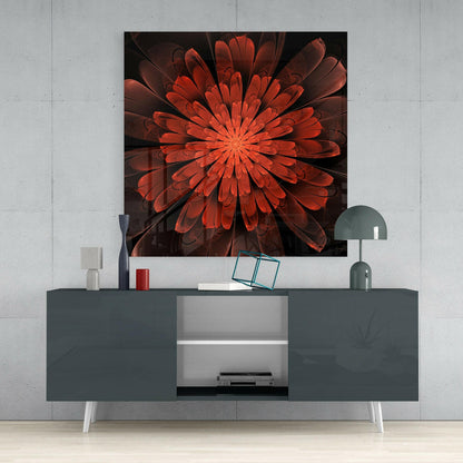 Red Layered Fractal Bloom Glass Wall Art