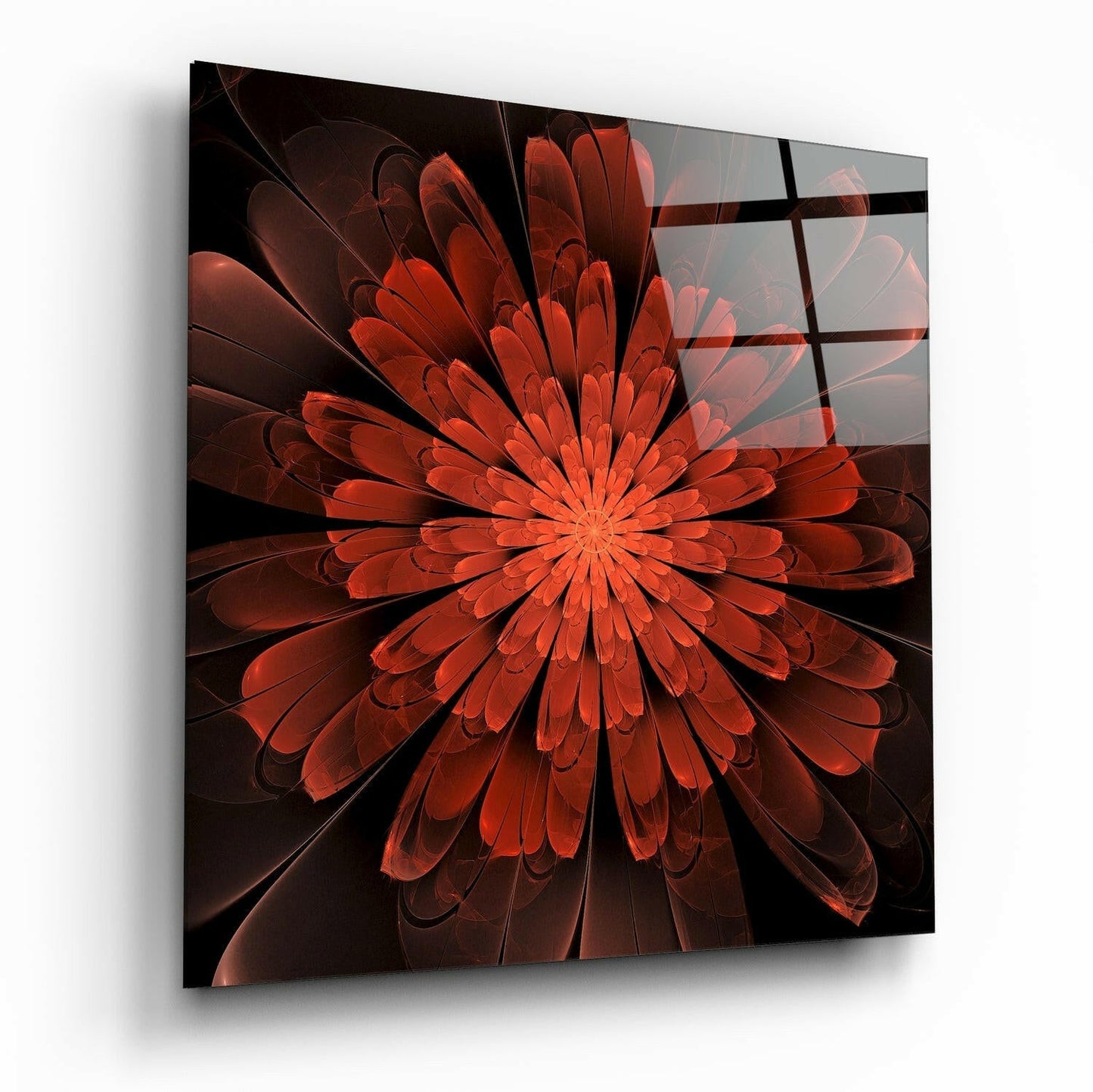 Red Layered Fractal Bloom Glass Wall Art