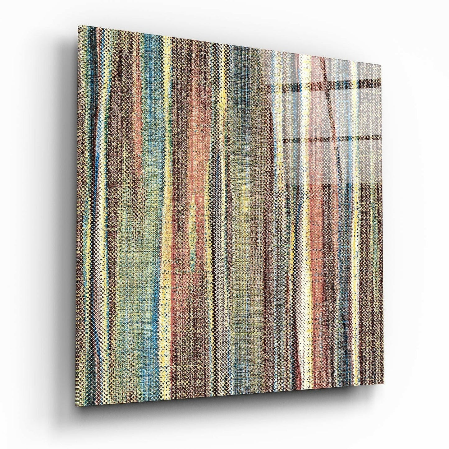 Angled perspective of a textured glass wall panel displaying vertical stripes in earthy tones of brown, rust, teal, and cream.