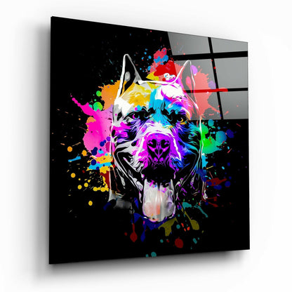 Neon Paint Splash Pitbull on Black Glass Wall Art