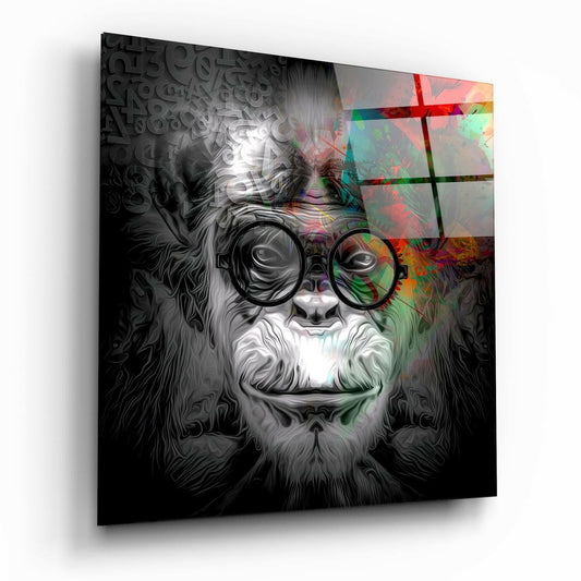 Angled view of square glass wall art featuring a bearded primate wearing round glasses with colorful glitch effects and numbers overlay on black background.