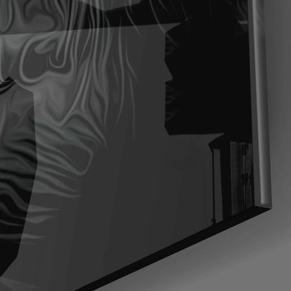 Side profile silhouette of glass wall art featuring marbled monochrome pattern and dark figure detail against light background.