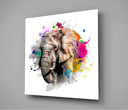Paint Splash Elephant Head White Glass Wall Art