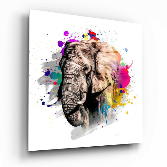 Angled front view of glass wall art displaying a detailed elephant head profile with colorful paint splatter effects on white background.