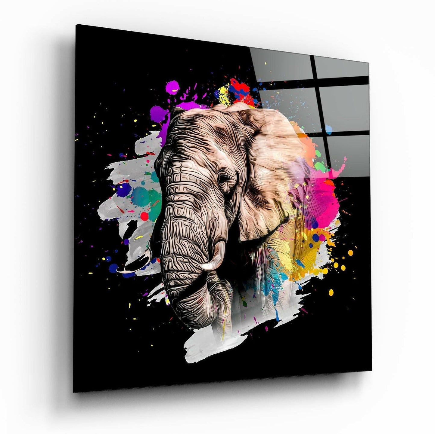 Paint Splash Elephant Head Black Glass Wall Art