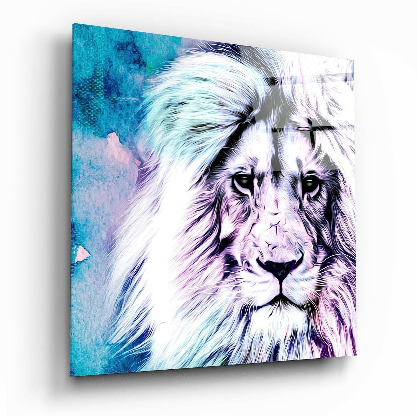 Turquoise Watercolor Lion Portrait Glass Wall Art