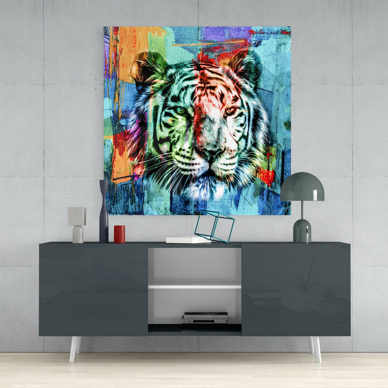 Split Color Tiger Face Glass Wall Art