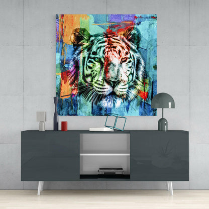 Split Color Tiger Face Glass Wall Art