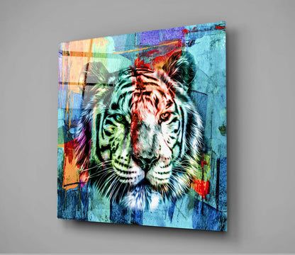 Split Color Tiger Face Glass Wall Art