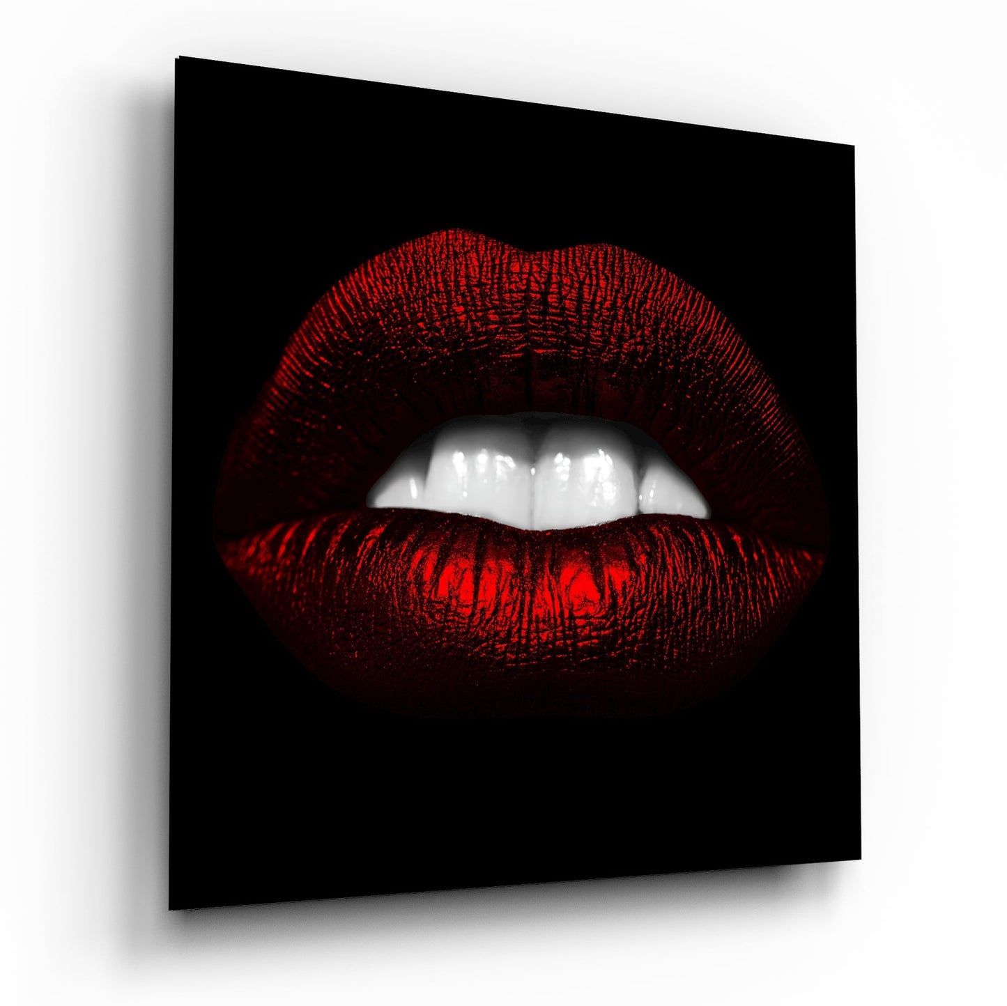 Glossy Red Lips White Teeth Glass Wall Art
