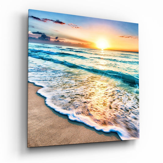 Beach sunset scene with turquoise waves, golden sunlight, and sandy shore printed on angled glass panel.