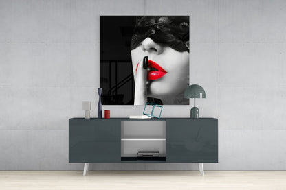 Black Lace Veil Red Lips Hush Glass Wall Art