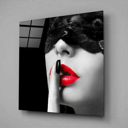 Black Lace Veil Red Lips Hush Glass Wall Art