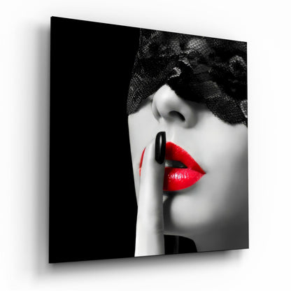 Black Lace Veil Red Lips Hush Glass Wall Art