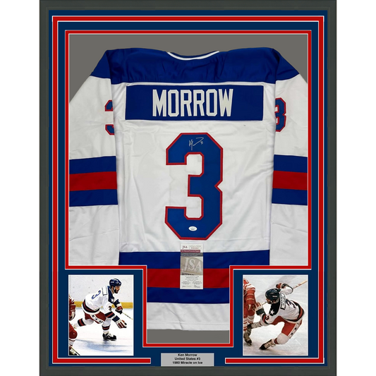 Framed white, navy, and red 1980 USA hockey jersey number 3 signed by Ken Morrow, displayed with two action photographs and authentication certificate.