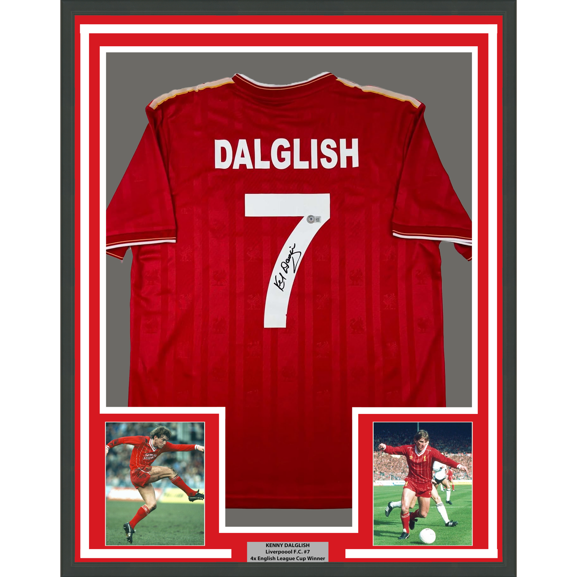 Framed Autographed Kenny Dalglish 35x39 Liverpool Red Crown Paints Soccer Jersey Beckett BAS COA | Hall of Fame Sports Memorabilia | vintageantiquesgifts.com