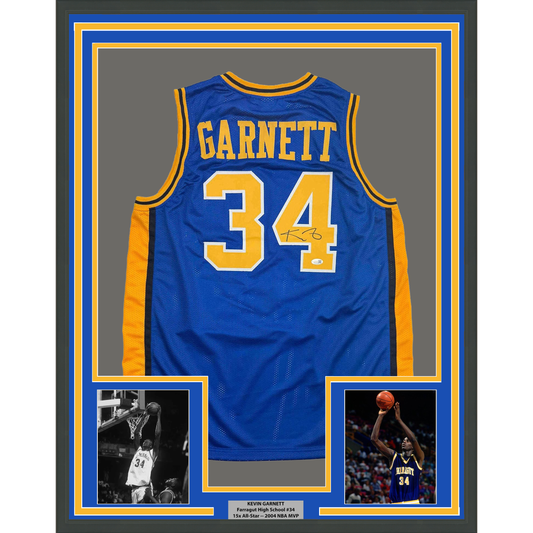 Framed Autographed/Signed Kevin Garnett 35x39 Blue Farragut High School Basketball Jersey Beckett BAS COA