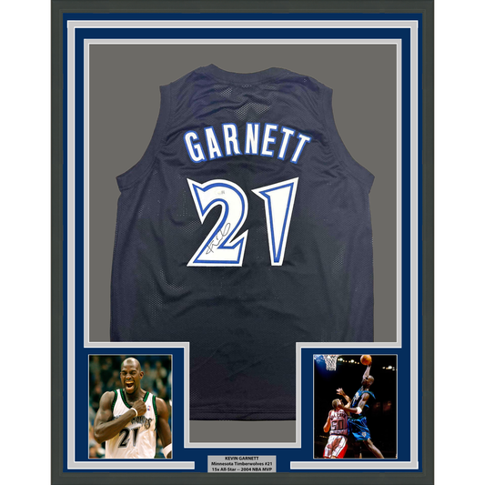 Dark blue Minnesota Timberwolves basketball jersey number 27 with "GARNETT" nameplate, framed with two action photographs below.